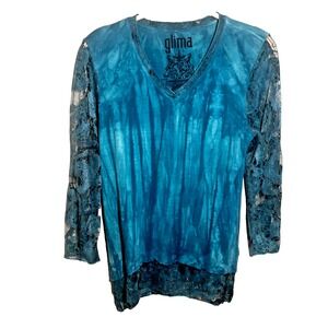 Glima Tye Dye 3/4 Sleeve Crochet Teal Blouse Mixed Lace Y2K 100% Cotton Sz Large